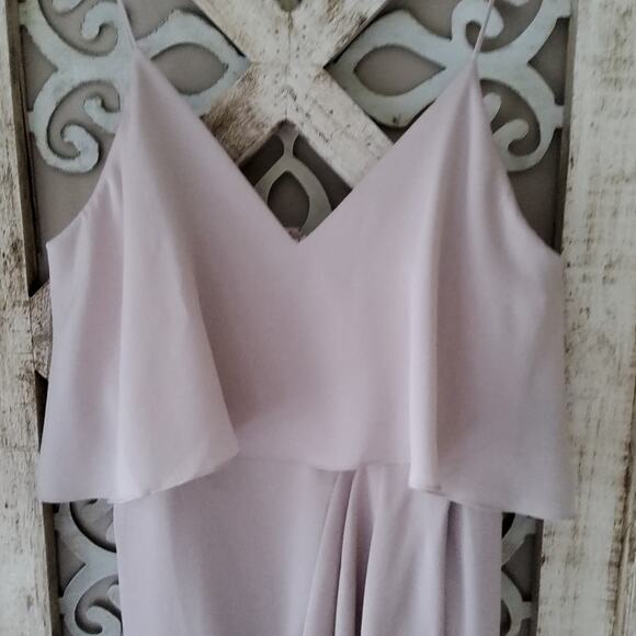 Shona Joy Women's Luxe Ruffle Frill Tulip Hem High Low Maxi Dress in Beige Tan - Picture 3 of 11